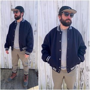 Vintage Blue Wool Varsity Button-Up Jacket | Retro 90's Wool Bomber Jacket